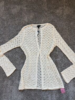 PrettyLittleThing Cream Crochet Long Sleeve Swim Coverup